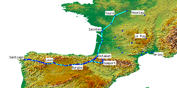 Map of places mentioned in Codex Calixtinus