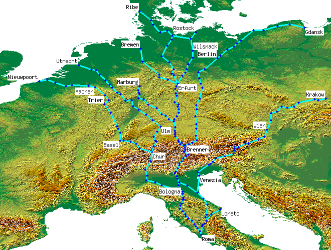 Map of places mentioned in the Romwegkarte