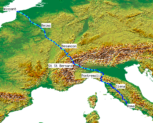 Map of places mentioned in Sigeric